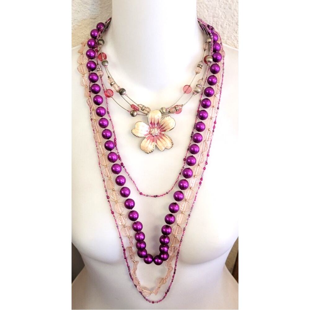 Vtg Pink Beaded Jewelry Lot 4 Necklaces 2 Bracelets 1 Pair Earrings Stackable